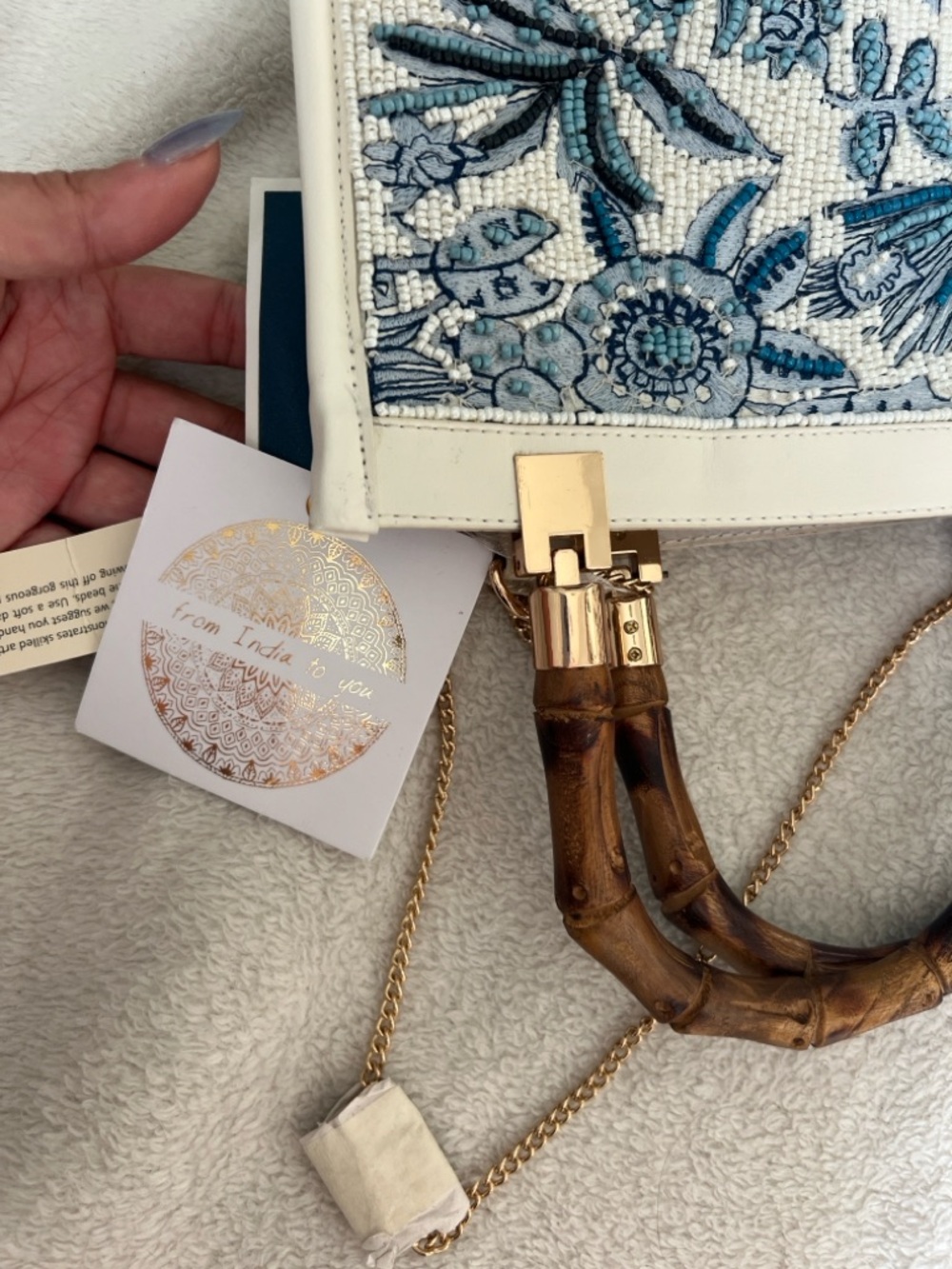 Embroidered Beaded Top-Handle Tote in Ivory and Blue - Picture 8 of 9